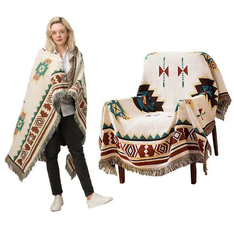 Double Sides Boho Woven Throw Blanket Camping Blanket for Couch Bed Beige
