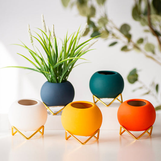 4X Ball Shape Ceramic Flower Pots Home Decor With Pot Holder Orange Yellow Blue