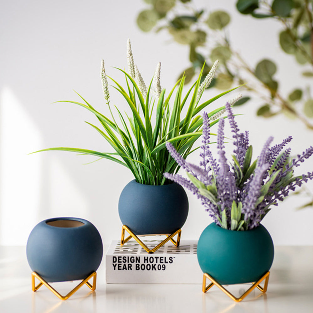 4X Ball Shape Ceramic Flower Pots Home Decor With Pot Holder Orange Yellow Blue