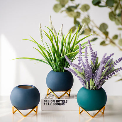 4X Ball Shape Ceramic Flower Pots Home Decor With Pot Holder Orange Yellow Blue