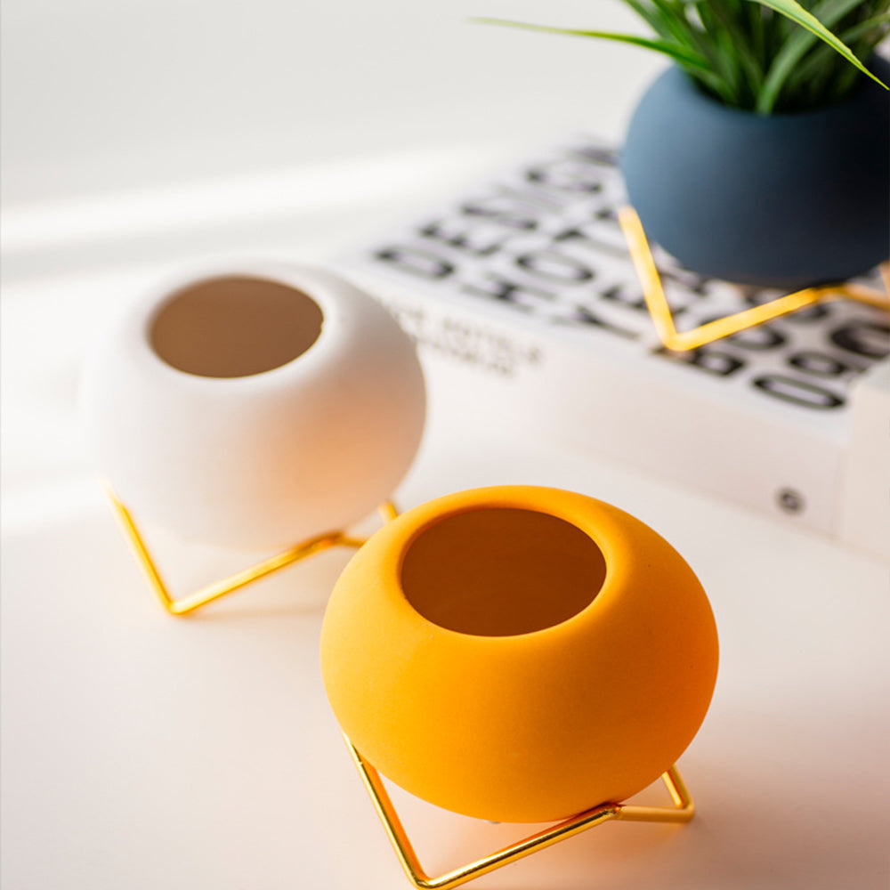 4X Ball Shape Ceramic Flower Pots Home Decor With Pot Holder Orange Yellow Blue