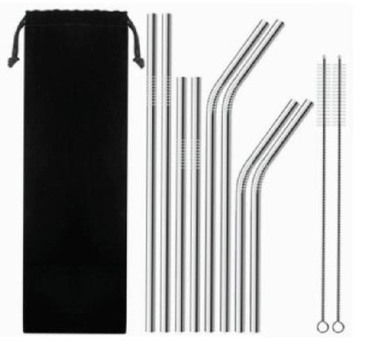 11-Piece Stainless Steel Reusable Straight & Bent Straws Set