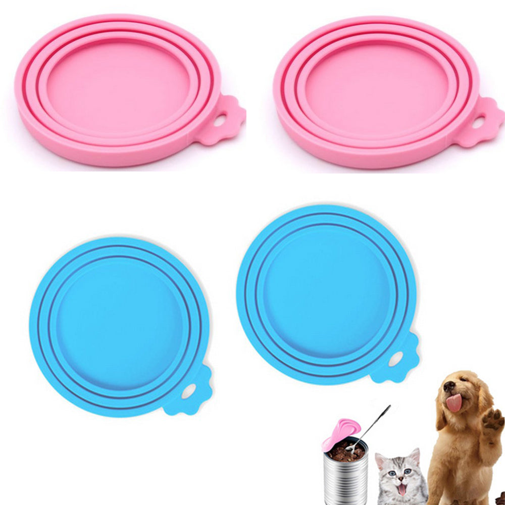 4 Pieces Silicone Reusable Pet Food Can Cover - Blue and Pink