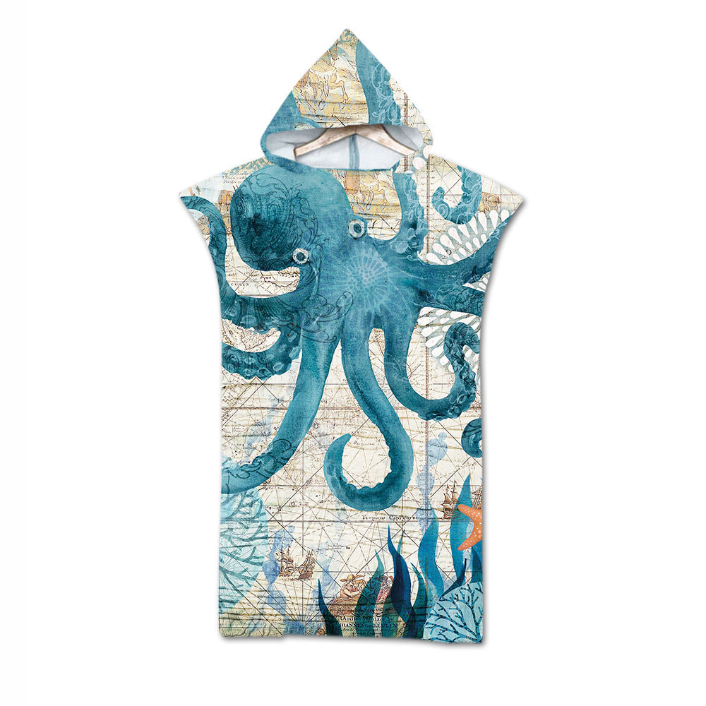 Quick Dry Surf Poncho Changing Towel Hoodie Beach Towel for Adults Octopus Style