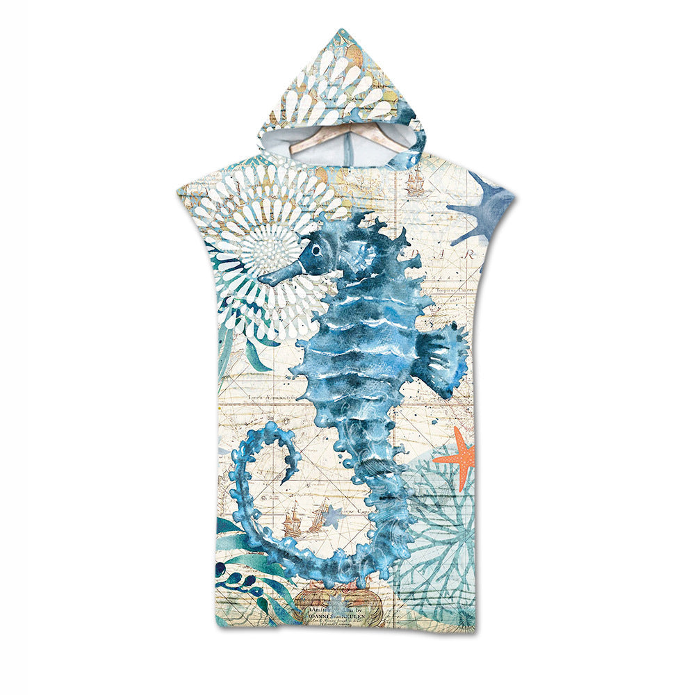 Quick Dry Surf Poncho Changing Towel Hoodie Beach Towel for Adults Seahorses Style