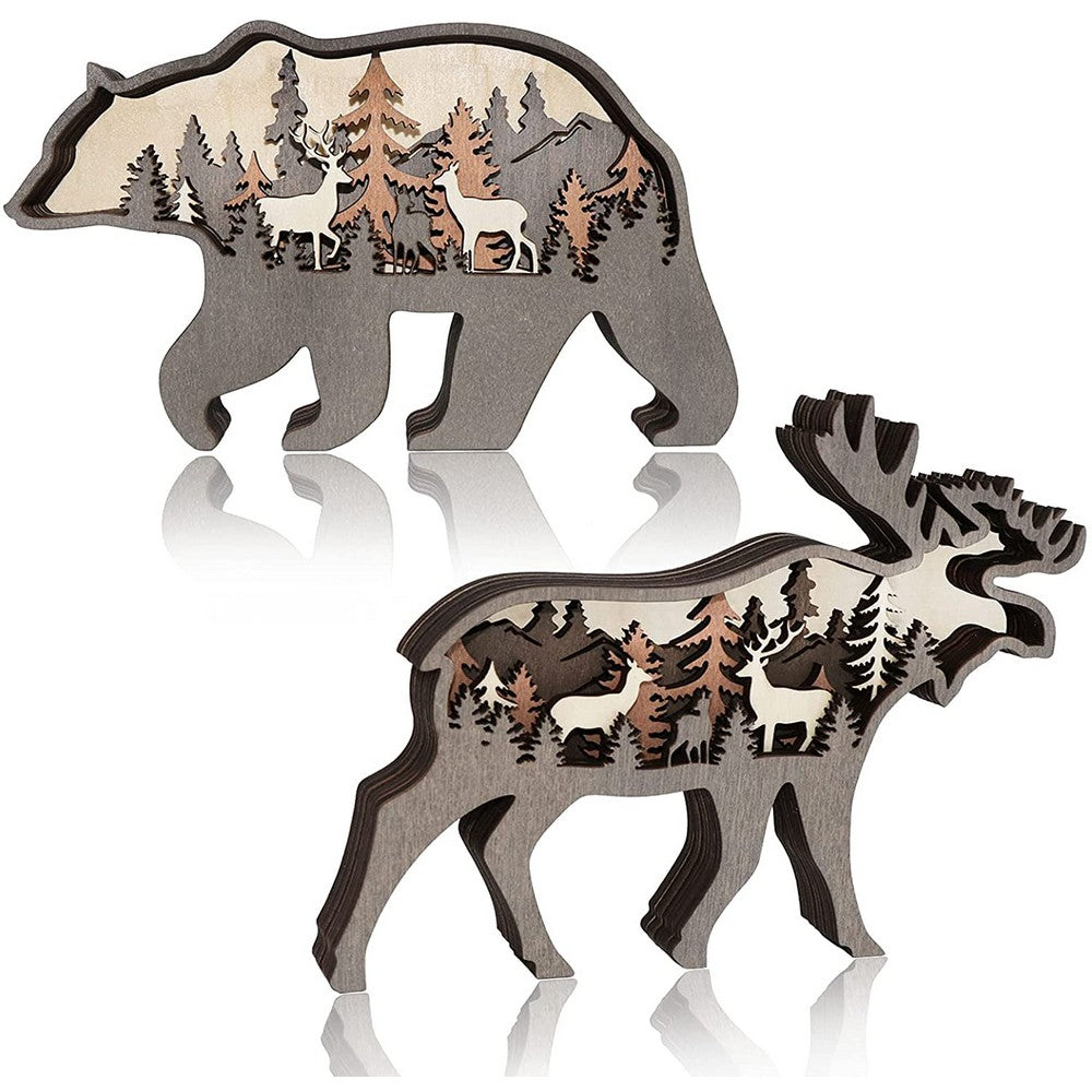 2pcs Wood Carve Bear Deer Ornaments Home Decor Christmas Gift Woodcarving Desktop Decoration