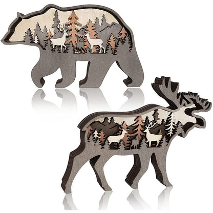 2pcs Wood Carve Bear Deer Ornaments Home Decor Christmas Gift Woodcarving Desktop Decoration