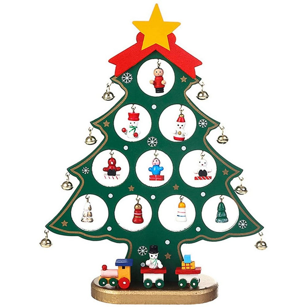 Funny Desktop Wooden Christmas Tree Decor Set with 10 Mini Ornaments