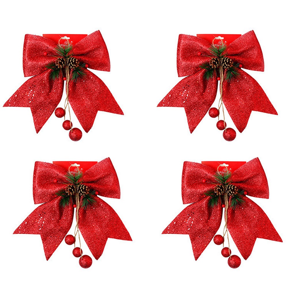 4 Pack of Christmas Tree Bow Ornament Wreaths Glitter Bows Xmas Decor