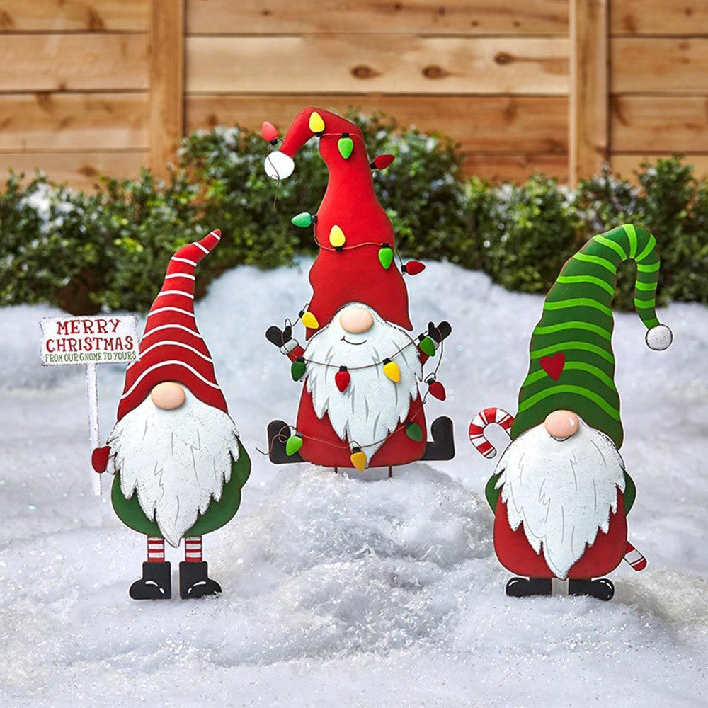 3Pcs Merry Christmas Metal Gnome Sign Stake Outdoor Lawn Yard Decoration