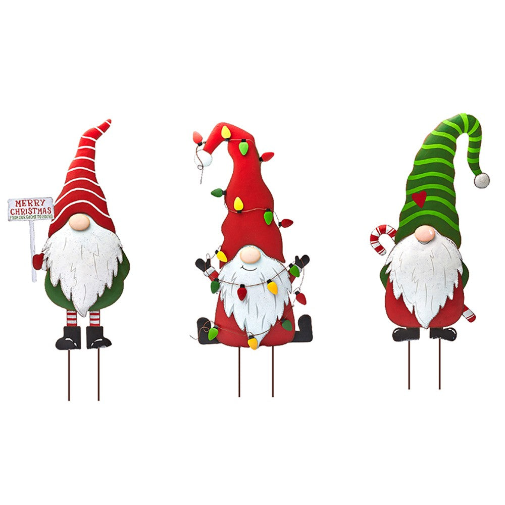 3Pcs Merry Christmas Metal Gnome Sign Stake Outdoor Lawn Yard Decoration
