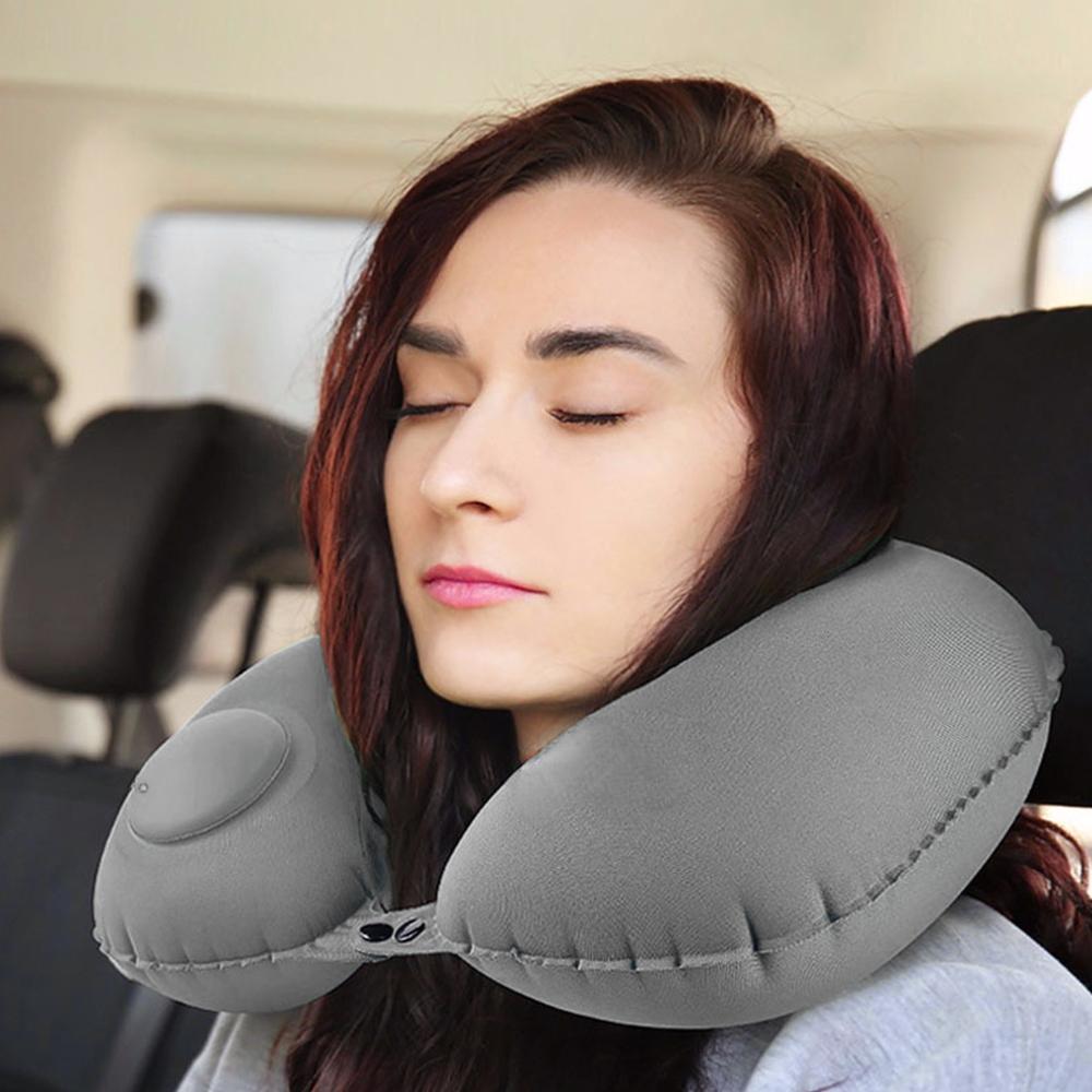 Portable Push-type Inflatable U-Shaped Travel Neck Pillow Car Headrest Cushion -Grey