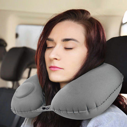 Portable Push-type Inflatable U-Shaped Travel Neck Pillow Car Headrest Cushion -Grey