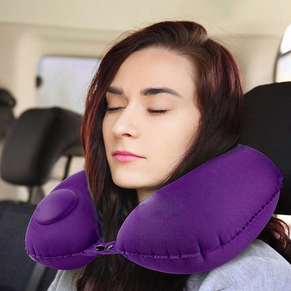 Portable Push-type Inflatable U-Shaped Travel Neck Pillow Car Headrest Cushion - Purple