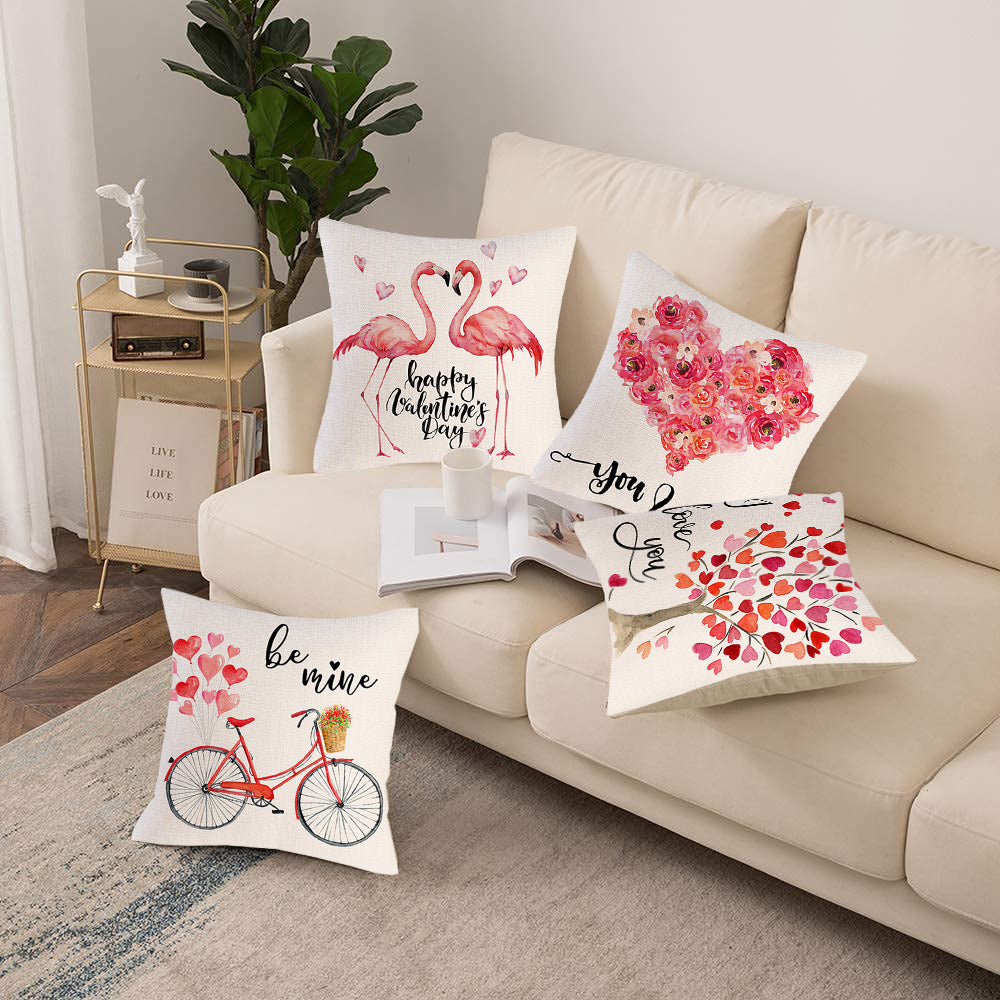 4 Pcs Square Valentine's Day Printed Linen Pillowcase Cushion Covers Sofa Home Decor Style 4