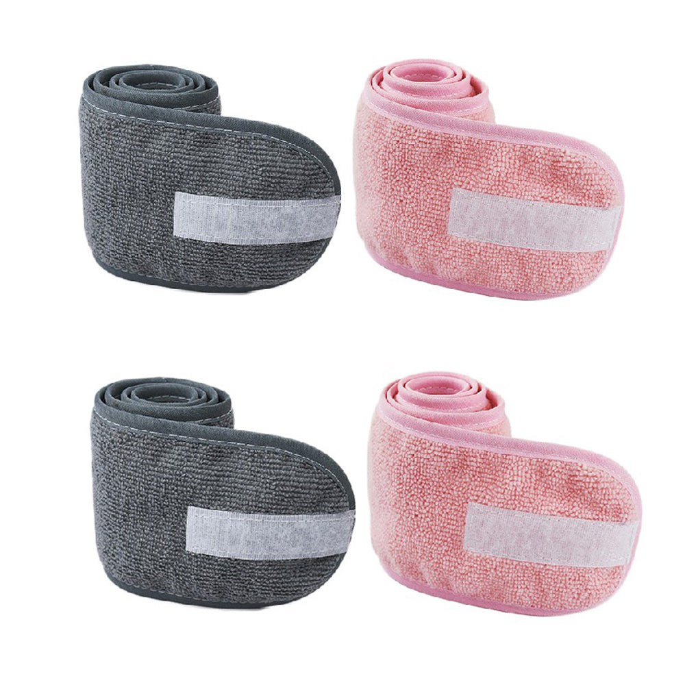 4pcs Spa Headband Hair Wrap Adjustable Face Wash Head Wrap Towel -Gray and Pink
