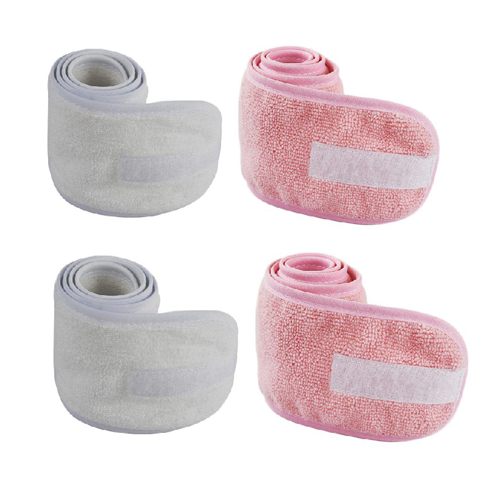 4pcs Spa Headband Hair Wrap Adjustable Face Wash Head Wrap Towel -White and Pink
