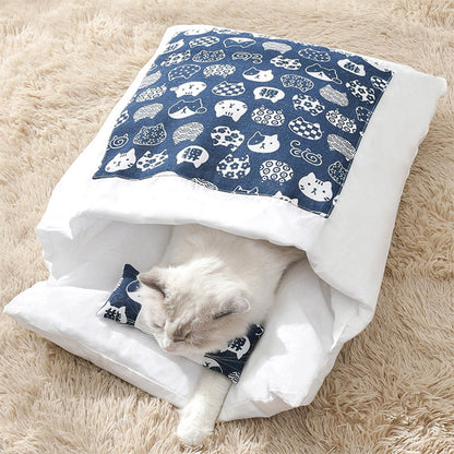 Japanese-Style Cat Bed Sleeping Bag with Pillow Navy-L
