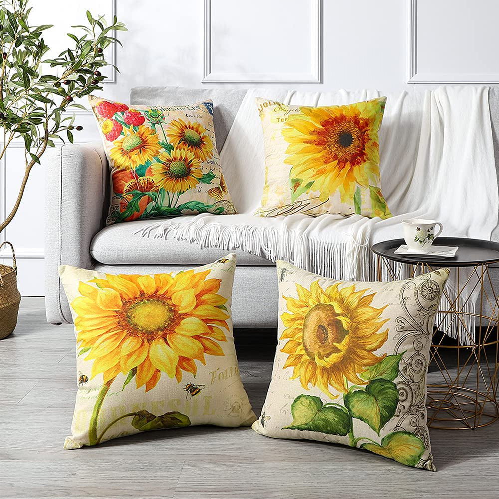 4Pcs Sunflower Yellow Cushion Covers Pillow Cases