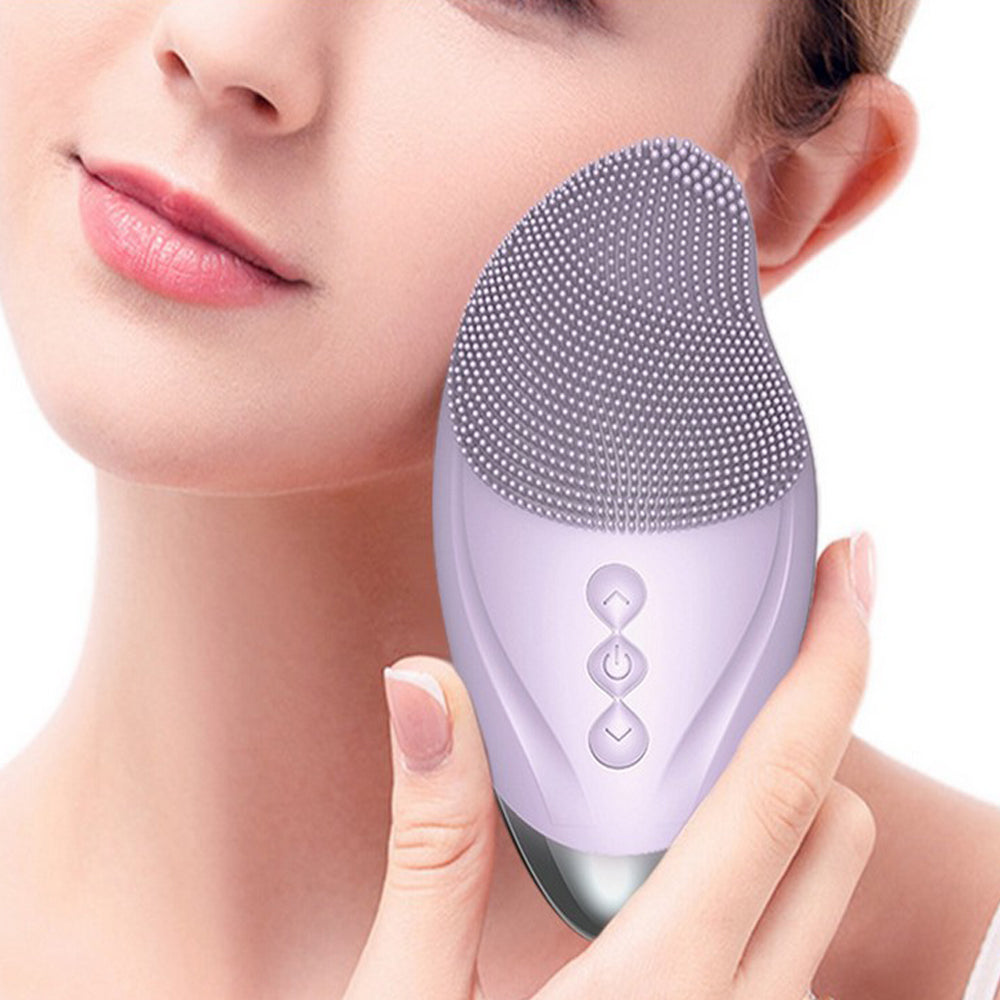 2pcs Facial Cleansing Brush Electric Soft Silicone Face Brush for Exfoliation Cleansing Massaging-Purple and Grey