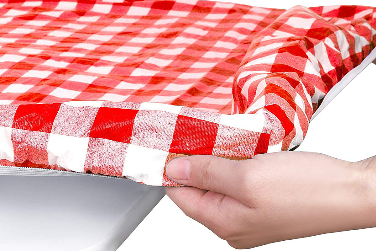 Flannel Backing ElasticTablecloth Rectangular Fitted for Folding Table 3 Set-Red