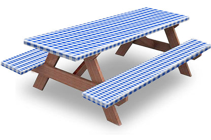 Flannel Backing ElasticTablecloth Rectangular Fitted for Folding Table 3 Set-Blue