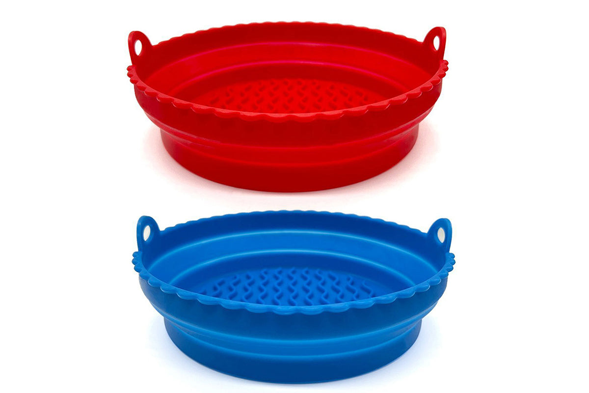 2Pcs Reusable Collapsible Silicone Basket Heat Resistant Easy Cleaning Air Fryer Silicone Liners-Red And Blue