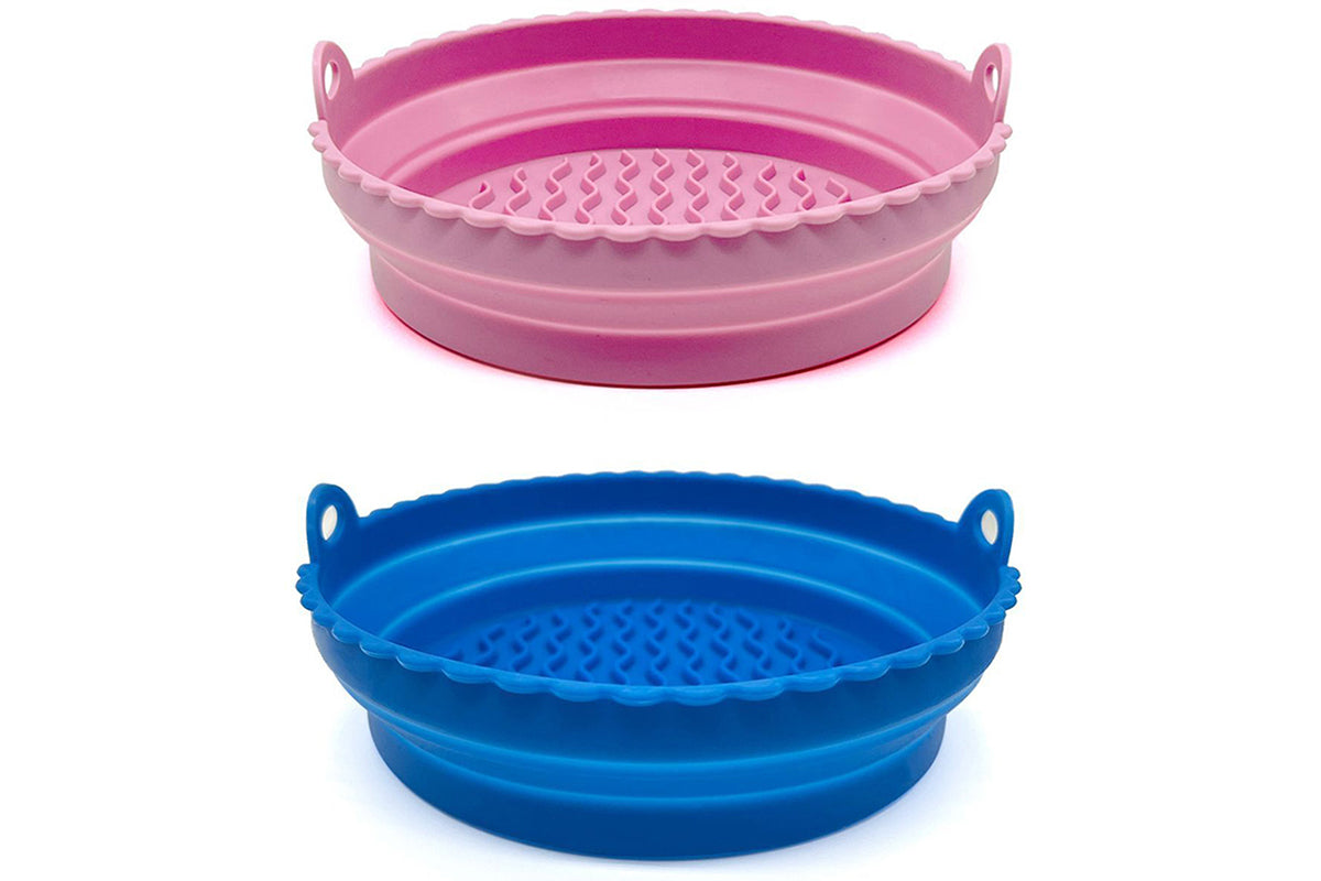 2Pcs Reusable Collapsible Silicone Basket Heat Resistant Easy Cleaning Air Fryer Silicone Liners-Blue And Pink