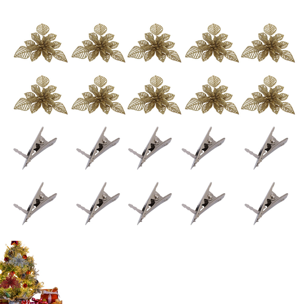 10Pcs Christmas Decorative Flower Artificial Flower Ornaments for Xmas Wreath Christmas Tree Home Party Decor-Gold