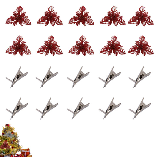 10Pcs Christmas Decorative Flower Artificial Flower Ornaments for Xmas Wreath Christmas Tree Home Party Decor-Red