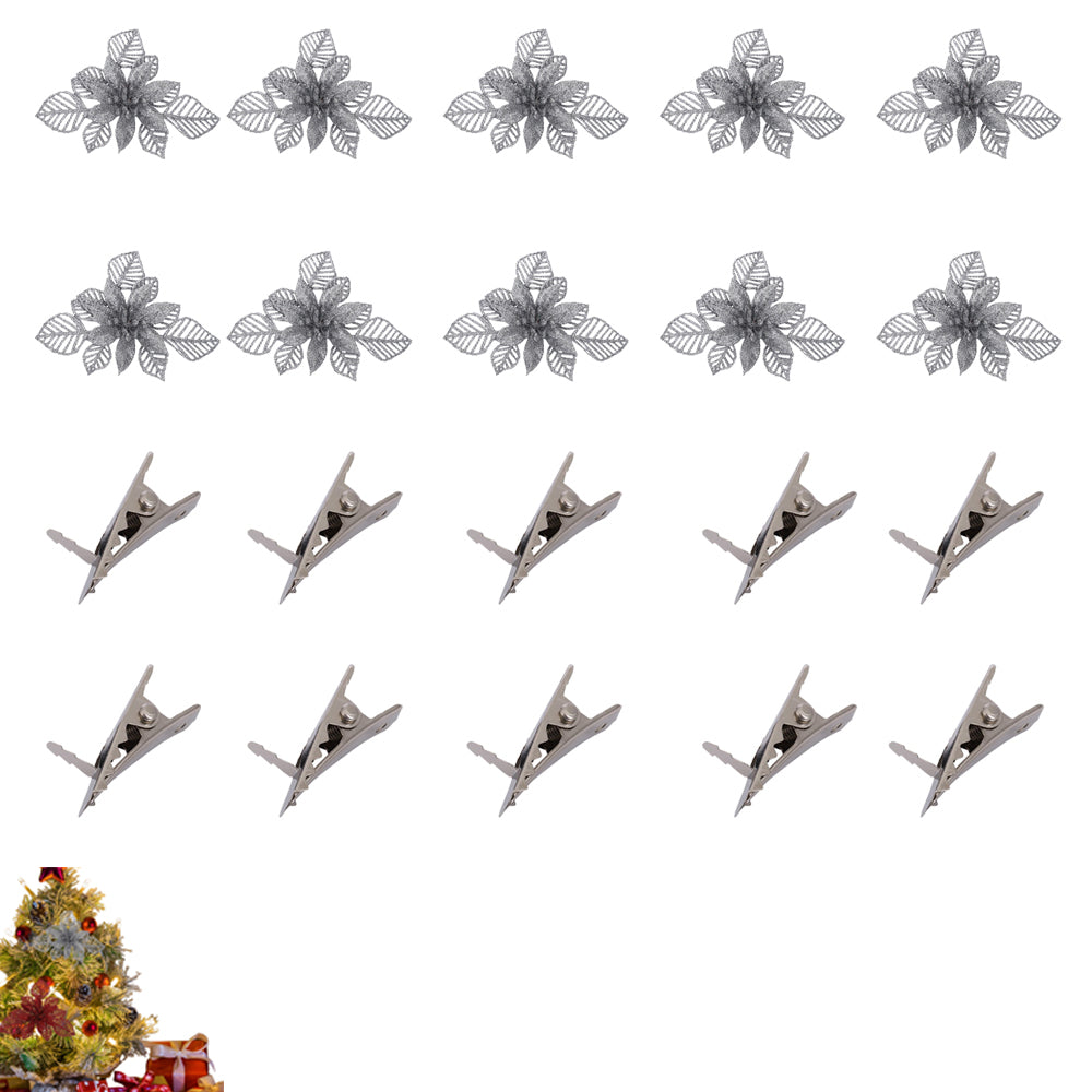 10Pcs Christmas Decorative Flower Artificial Flower Ornaments for Xmas Wreath Christmas Tree Home Party Decor-Silver