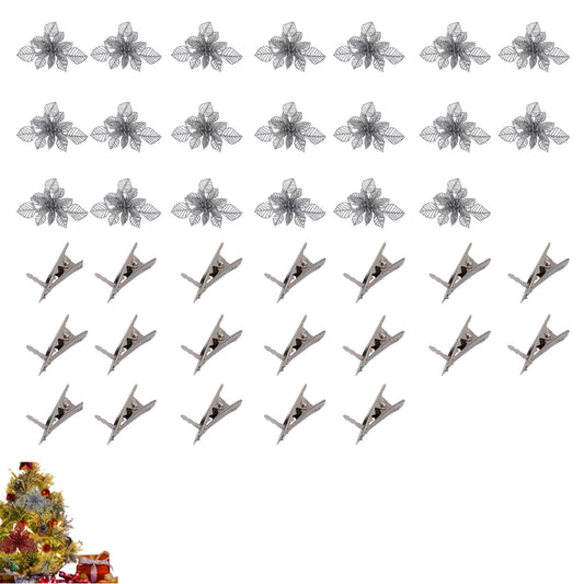 2 Sets 10Pcs Christmas Decorative Flower Artificial Flower Ornaments for Xmas Wreath Christmas Tree Home Party Decor-Silver
