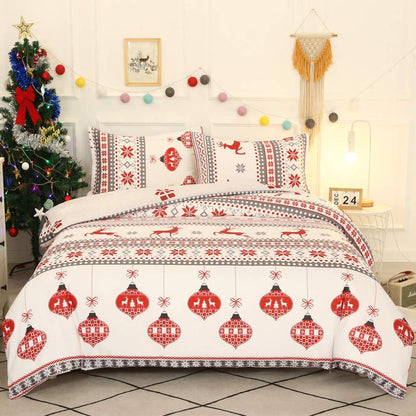 Christmas Bedding Set 3Pcs Duvet Cover Elk Green Christmas Tree Red White Duvet Cover -Elk