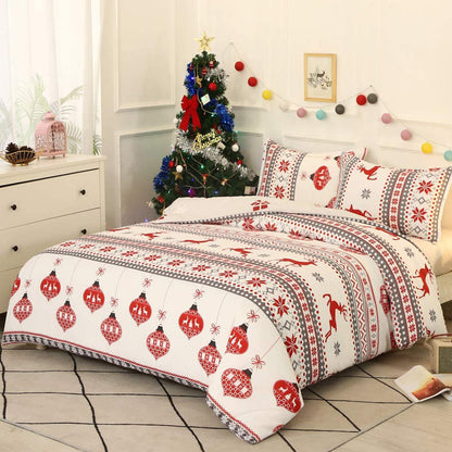 Christmas Bedding Set 3Pcs Duvet Cover Elk Green Christmas Tree Red White Duvet Cover -Elk