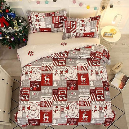 Christmas Bedding Set 3Pcs Duvet Cover Elk Green Christmas Tree Red White Duvet Cover -Santa Claus