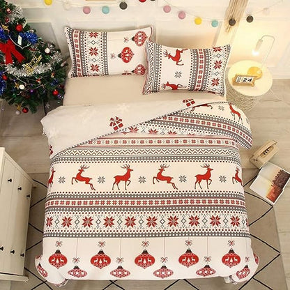 Christmas Bedding Set 3Pcs Duvet Cover Elk Green Christmas Tree Red White Duvet Cover -Elk