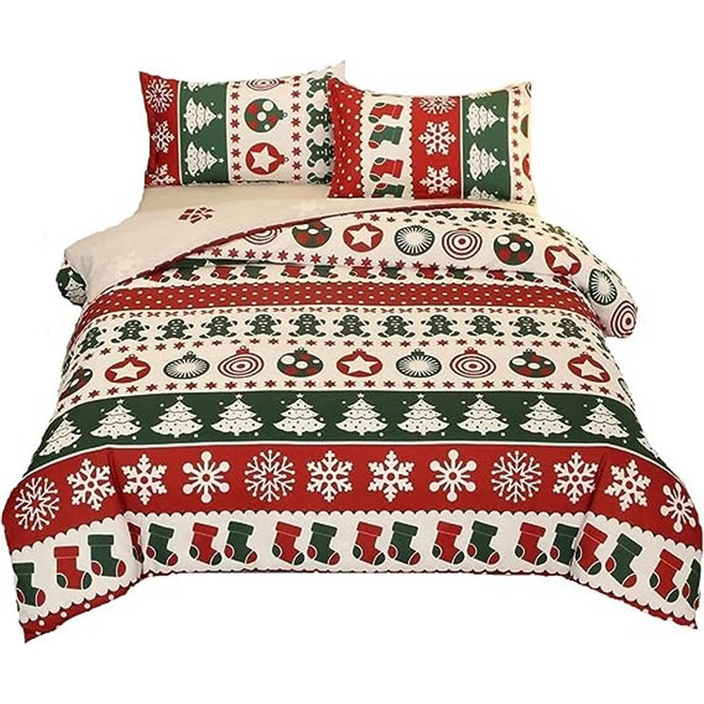 Christmas Bedding Set 3Pcs Duvet Cover Elk Green Christmas Tree Red White Duvet Cover -Gingerbread Man