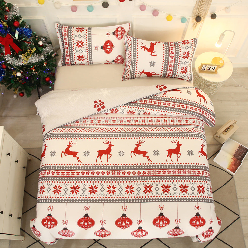 Christmas Bedding Set 3Pcs Duvet Cover Elk Green Christmas Tree Red White Duvet Cover -Elk
