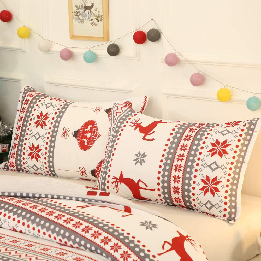 Christmas Bedding Set 3Pcs Duvet Cover Elk Green Christmas Tree Red White Duvet Cover -Elk