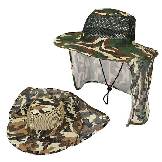 2Pcs Camouflage Sun Shade Hat Wide Brim Fishing Cap Bucket Hat with Neck Flap
