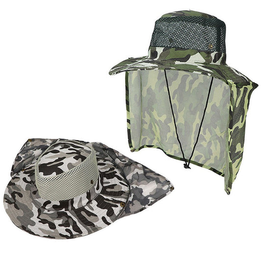 2Pcs Camouflage Sun Shade Hat Wide Brim Fishing Cap Bucket Hat with Neck Flap