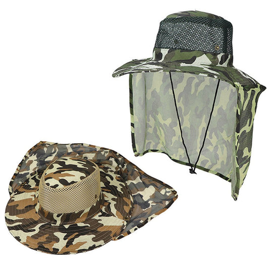 2Pcs Camouflage Sun Shade Hat Wide Brim Fishing Cap Bucket Hat with Neck Flap