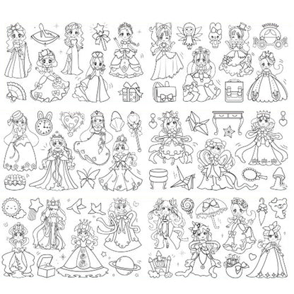 Wall Art Children's Drawing Roll Paper Roll Sticky DIY Painting Paper Drawing Color Filling Paper-Cute Princess