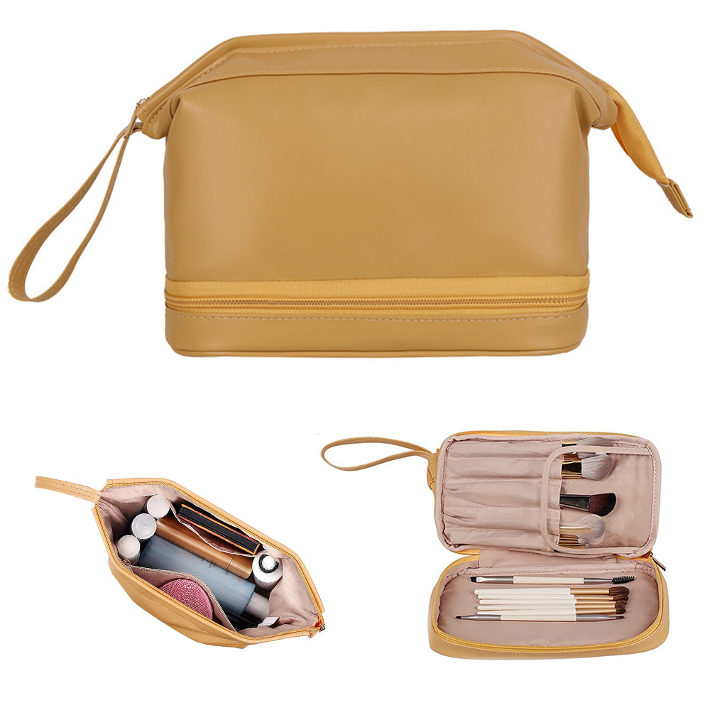 Large Makeup Bag Double Layer Cosmetic Bag Travel Makeup Bag -Yellow