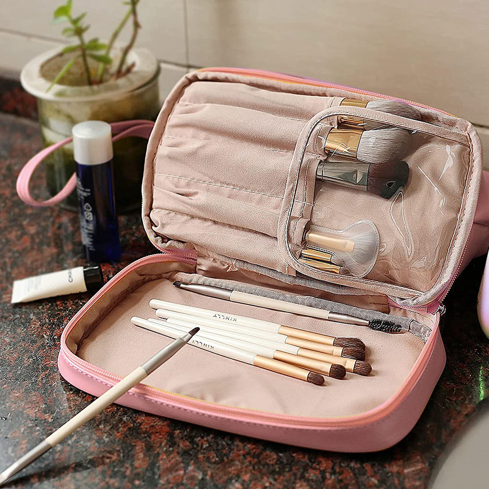 Large Makeup Bag Double Layer Cosmetic Bag Travel Makeup Bag -Pink
