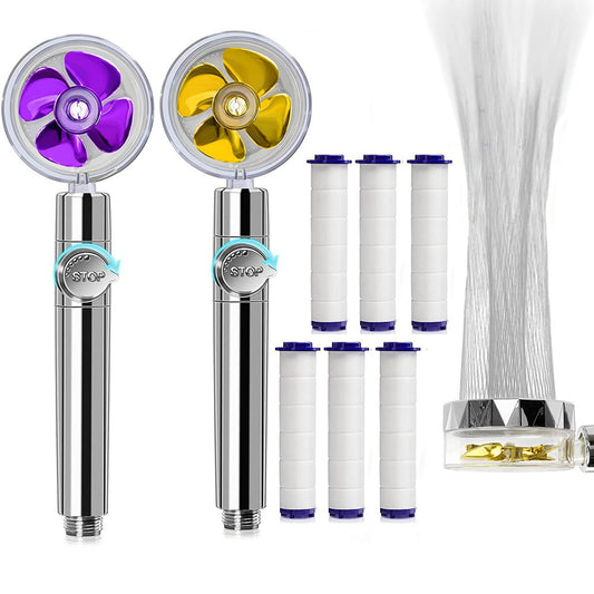 2 X Handheld Propeller High Pressure Shower Head Purple Yellow