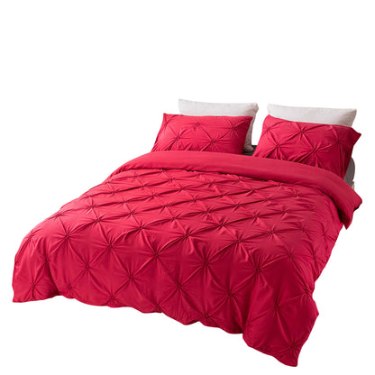 Duvet Cover Queen Diamond Pintuck Quilt Cover Set Comforter Pillow Case for All Seasons-Wine Red