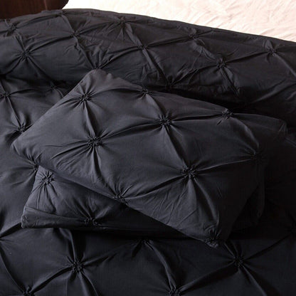 Duvet Cover Queen Diamond Pintuck Quilt Cover Set Comforter Pillow Case for All Seasons-Black