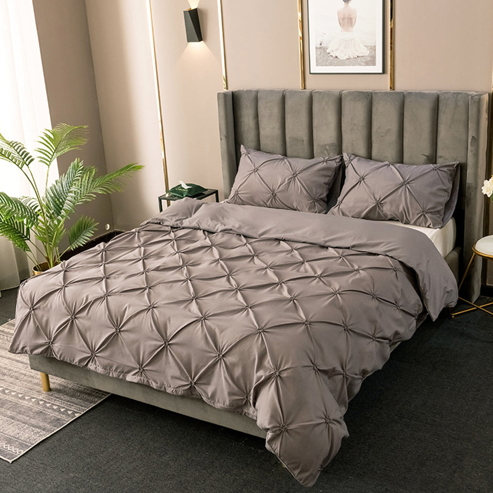 Duvet Cover Queen Diamond Pintuck Quilt Cover Set Comforter Pillow Case for All Seasons-Grey