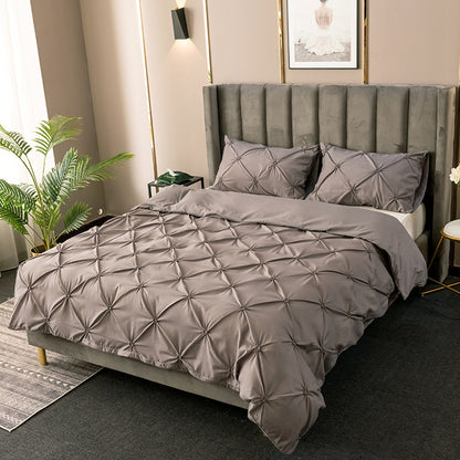 Duvet Cover Queen Diamond Pintuck Quilt Cover Set Comforter Pillow Case for All Seasons-Grey